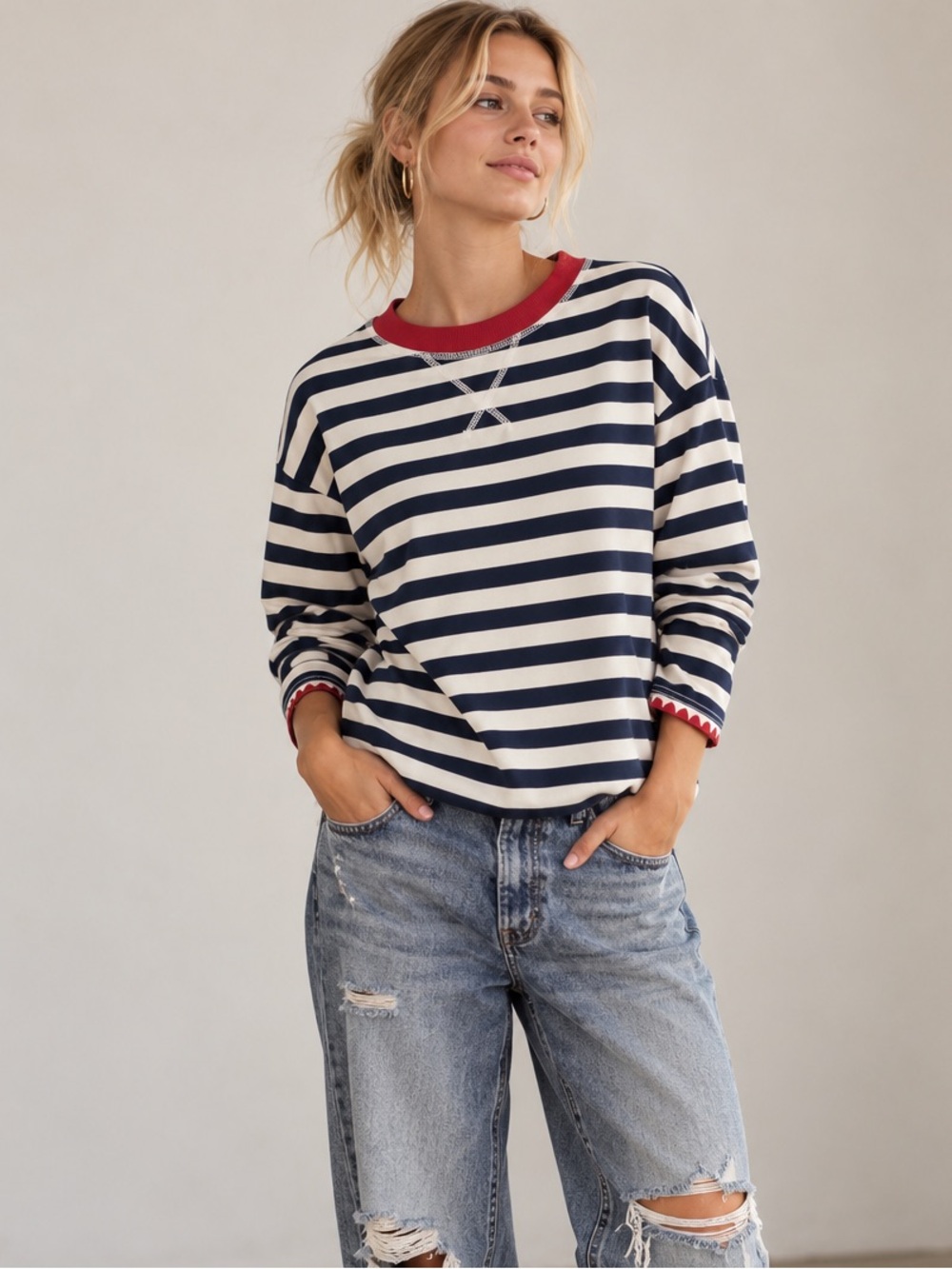 NWT - Cider Striped Long-Sleeved Tee w Blanket Stitch Trim